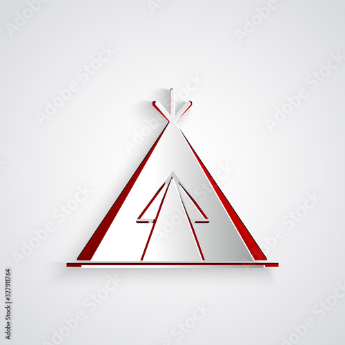 Paper cut Traditional indian teepee or wigwam icon isolated on grey background. Indian tent. Paper art style. Vector Illustration