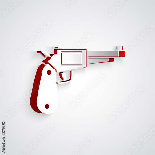Paper cut Revolver gun icon isolated on grey background. Paper art style. Vector Illustration