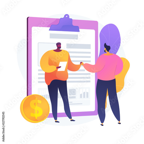 Financial obligation document. Promissory bill, loan agreement, debt return promise. Issuer and payee signing contract. Businessmen making deal. Vector isolated concept metaphor illustration