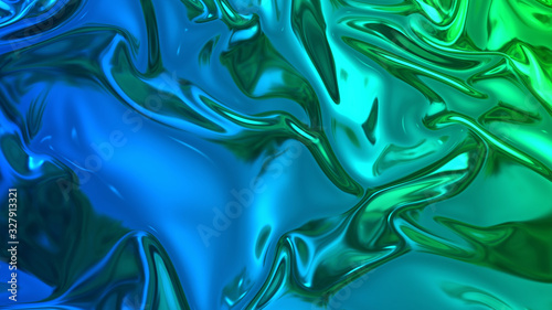 3D render beautiful folds of light shiny silk, like foil or metallic surface in full screen. Beautiful clean fabric background. Simple soft background with smooth folds and blue green color gradient photo