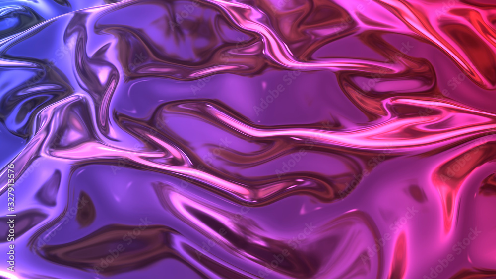 Fototapeta premium 3D render beautiful folds of foil with gradient iridescent blue red color in full screen, as clean fabric abstract background. Simple soft material with crease like waves on liquid surface. 78