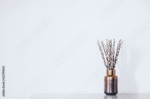 Twigs with buds in a vase against the white wall. Concept of early spring, March, nature awakening or anticipation of warm season © Photoboyko