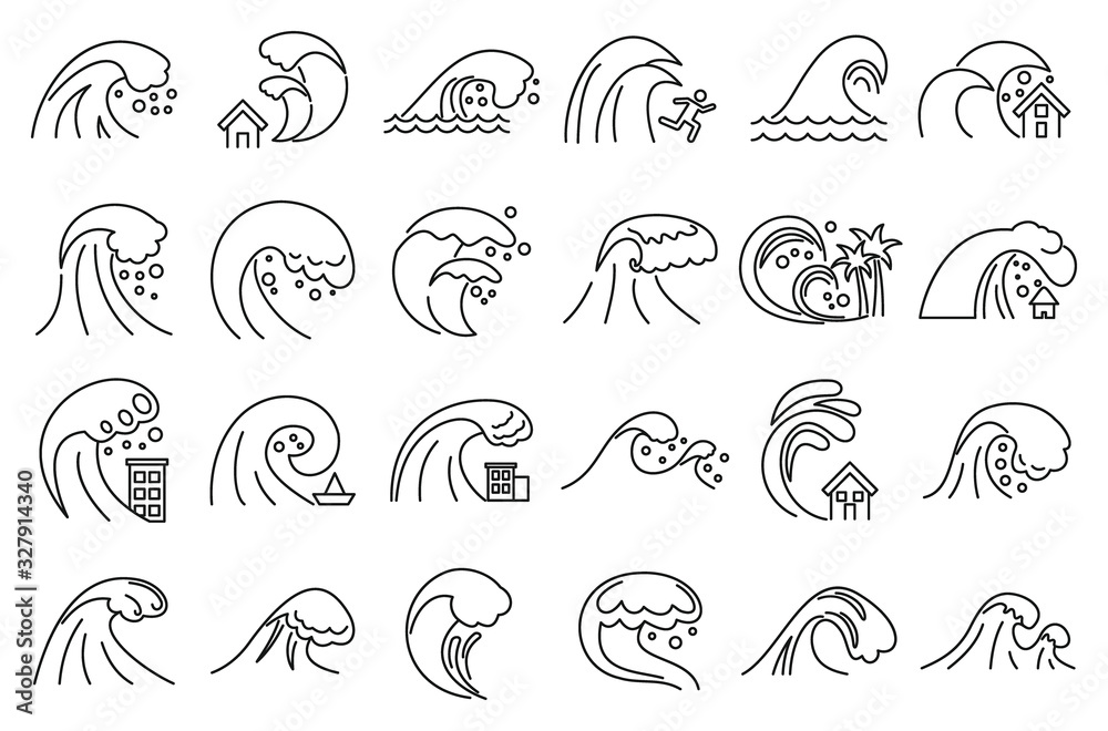 Obraz premium Tsunami disaster icons set. Outline set of tsunami disaster vector icons for web design isolated on white background