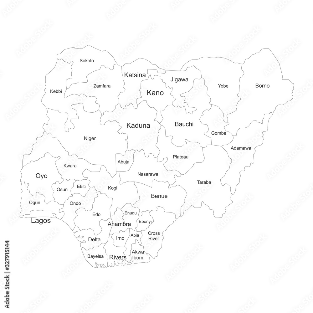 Nigeria region map with name labels. Political map. Perfect for business concepts, backgrounds, backdrop, poster, sticker, banner, label and wallpaper.