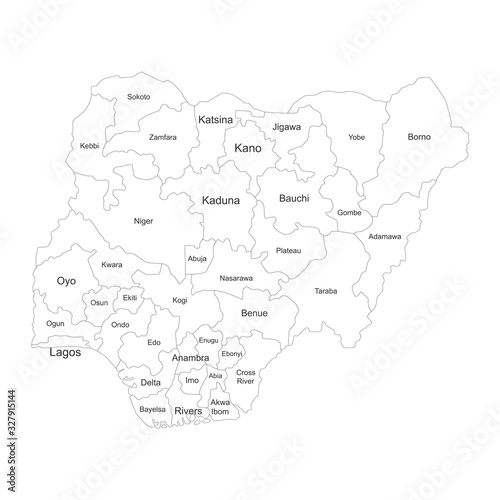 Nigeria region map with name labels. Political map. Perfect for business concepts  backgrounds  backdrop  poster  sticker  banner  label and wallpaper.