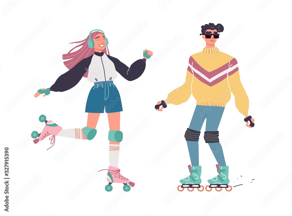 Fototapeta premium Lovers boy and girl on roller skates against white background
