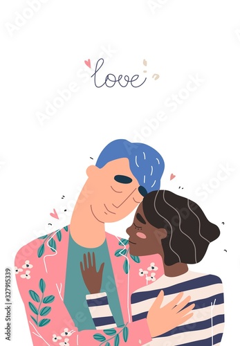 Lovers man and black african american woman hug. Happy multiracial family concept.