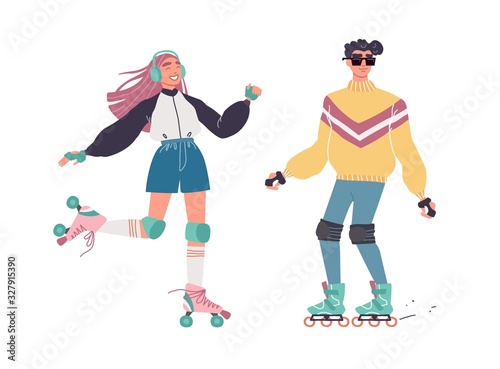 Lovers boy and girl on roller skates against white background