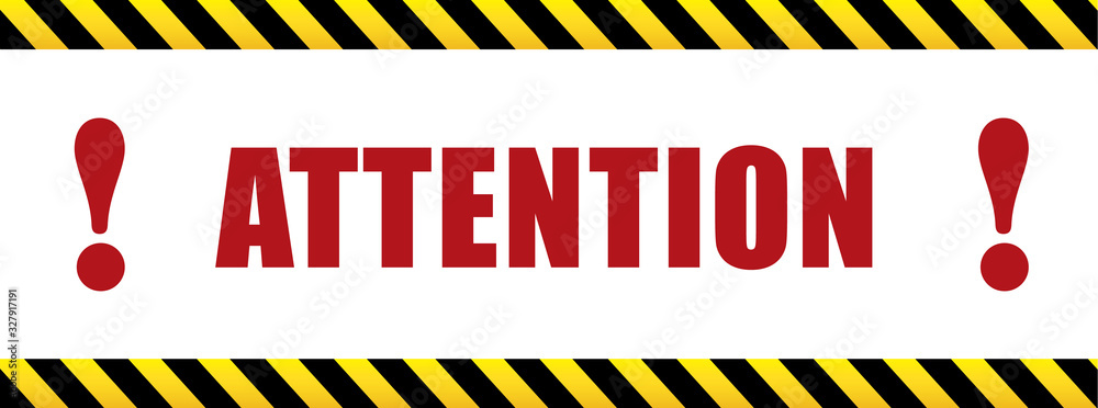 Attention with exclamation mark. black and yellow sign in striped frame. Design with attention icon for banner or poster or signboard. Danger warning. - obrazy, fototapety, plakaty 