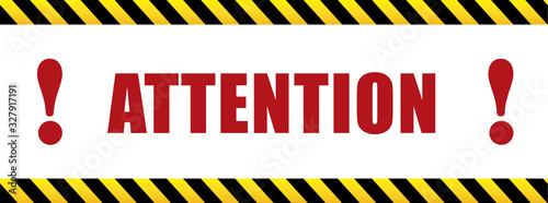 Attention with exclamation mark. black and yellow sign in striped frame. Design with attention icon for banner or poster or signboard. Danger warning. photo