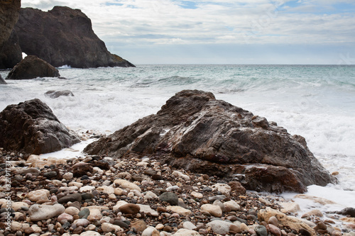 Beautiful panoramic views of the sea and the cliff, a mountain in the Black Sea, landscape, coastal travel and nature