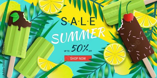 Summer Sale banner with Sweet Travel Vacation Elements. Paper Art. Tropical plants, ice cream, limes, chery. Vector illustration.