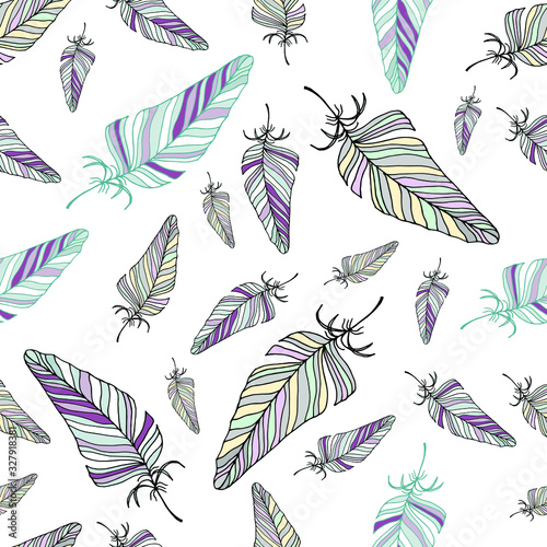 Seamless feather pattern. Vector drawing by hand. For cover design, fabric, things, postcards, decoupage.