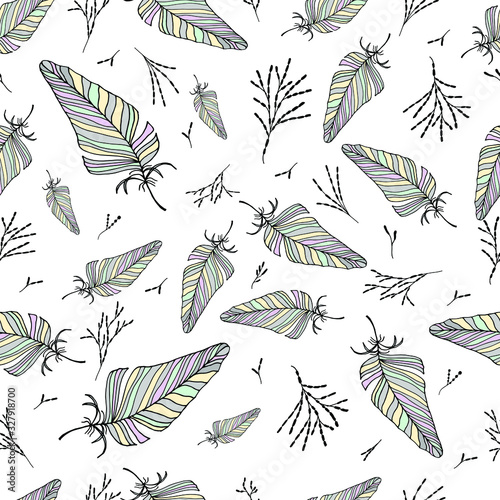 Seamless feather pattern. Vector drawing by hand. For cover design, fabric, things, postcards, decoupage