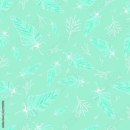 Seamless feather pattern. Vector drawing by hand. For cover design, fabric, things, postcards, decoupage.
