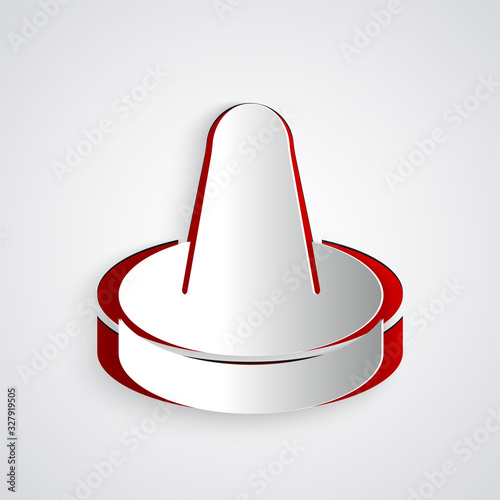 Paper cut Mallet and puck for playing air hockey game icon isolated on grey background. Paper art style. Vector Illustration