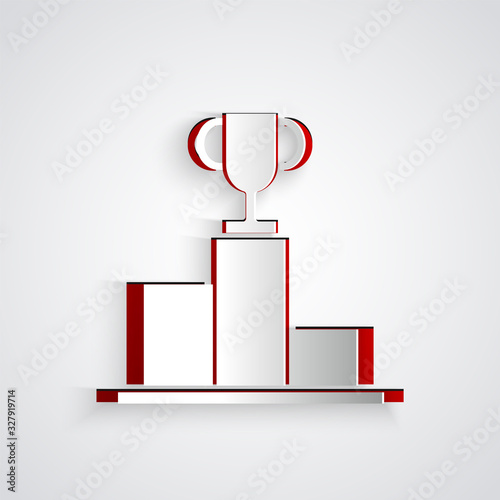 Paper cut Hockey over sports winner podium icon isolated on grey background. Paper art style. Vector Illustration