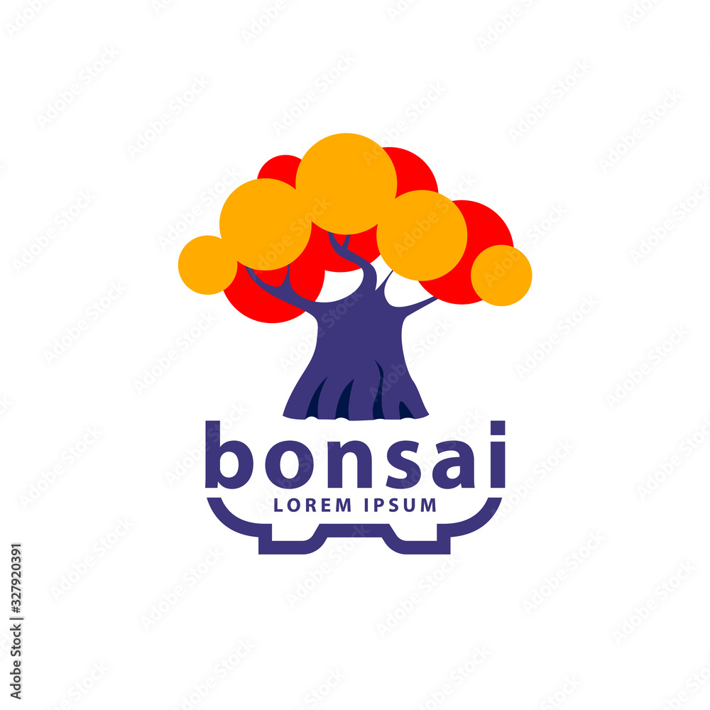Bonsai tree and bonsai pot logo concept. Abstract autumn tree icon for Hokidachi Bonsai style illustration. Bonsai tree and bonsai pot logo concept. Abstract autumn tree icon for Hokidachi Bonsai style illustration.