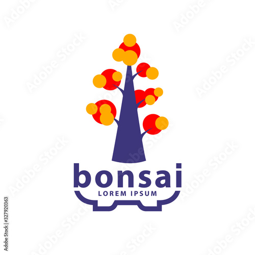 Bonsai tree and bonsai pot logo concept. Abstract autumn tree icon for Chokkan Bonsai style illustration.