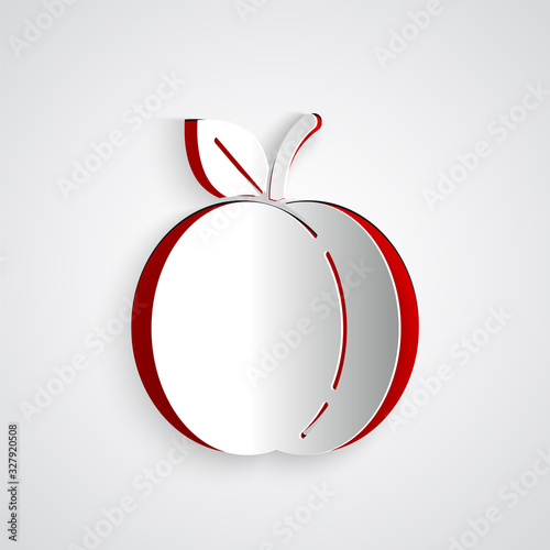 Paper cut Peach fruit or nectarine with leaf icon isolated on grey background. Paper art style. Vector Illustration