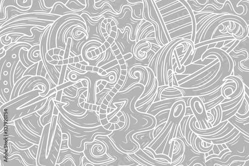 Doodle sea colorong with yacht  boat  paddle  flippers  seashell and wave. Outline antistress pattern. Vector stock illustration