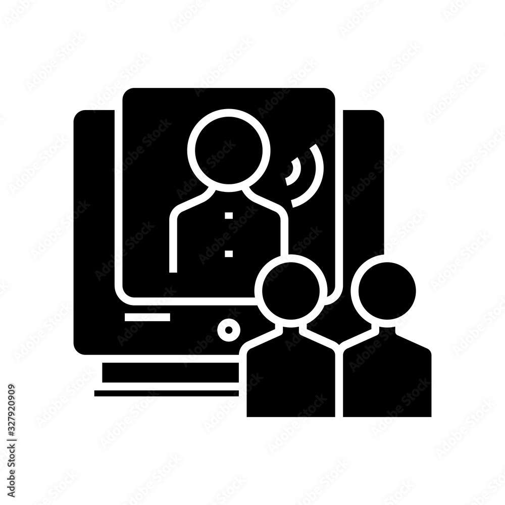 Online conference black icon, concept illustration, vector flat symbol, glyph sign.