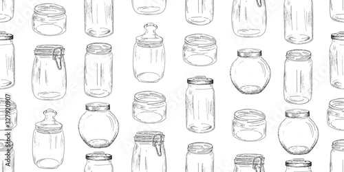 Glass jars seamless pattern. Vintage vector illustration.