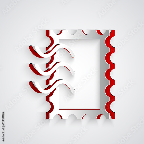 Paper cut Postal stamp icon isolated on grey background. Paper art style. Vector Illustration