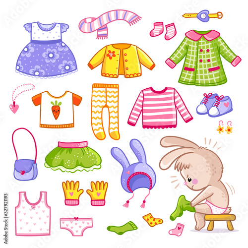 Vector set with clothes in cartoon style. Collection of things for the rabbit who dresses.