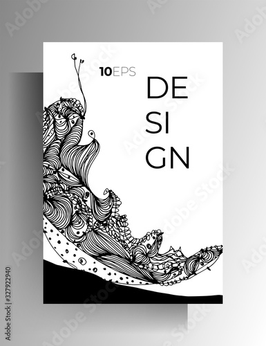 Cover design for book, magazine, catalog brochure. Black and white graphic elements are manually drawn. A4 format. Vector 10 EPS.