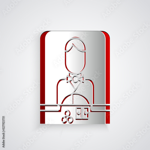 Paper cut Casino dealer icon isolated on grey background. Casino croupier. Paper art style. Vector Illustration
