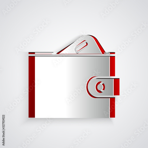 Paper cut Wallet with stacks paper money cash icon isolated on grey background. Purse icon. Cash savings symbol. Paper art style. Vector Illustration