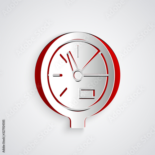 Paper cut Water meter icon isolated on grey background. Paper art style. Vector Illustration