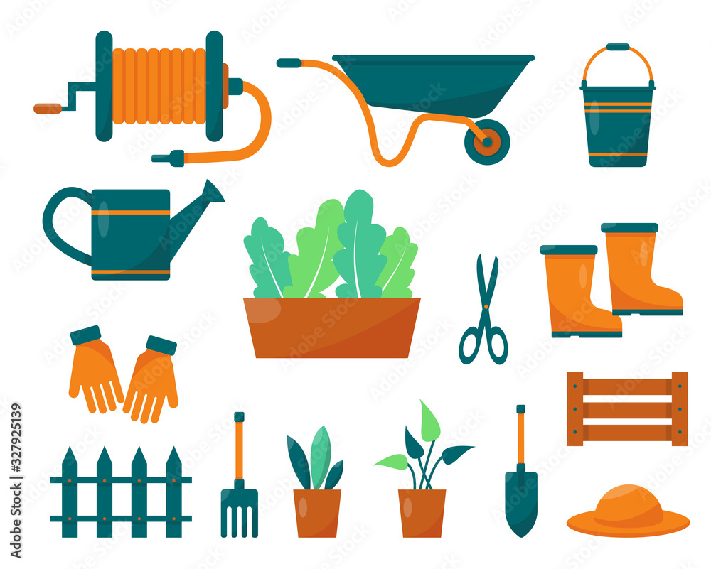 Set of gardening tools and plants. Set of gardening tools and plants.