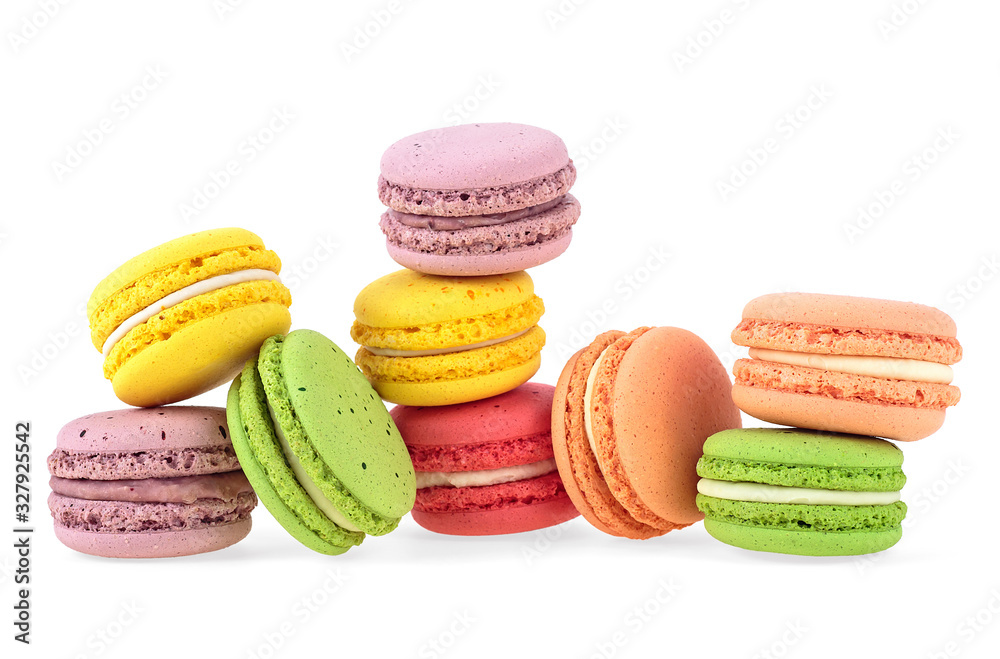 Colorful macaroons isolated on a white background. French sweet delicacy. Colorful macaroons isolated on a white background. French sweet delicacy.
