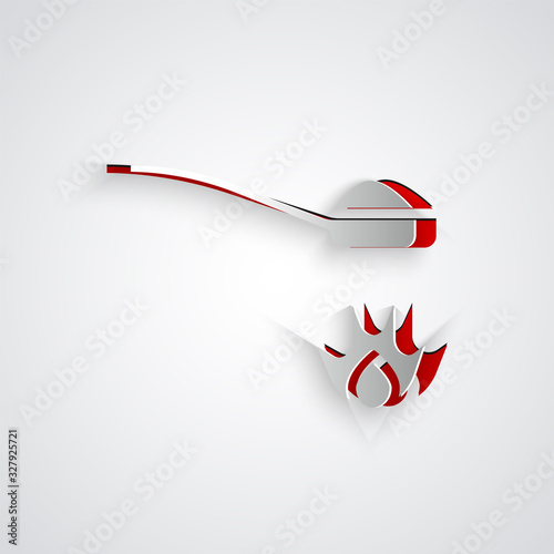 Paper cut Heroin in a spoon icon isolated on grey background. Concept of drug addiction and dependence from the narcotic. Junkie lifestyle. Paper art style. Vector Illustration