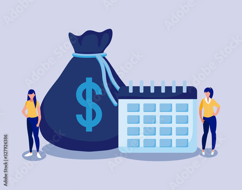 Corporate businesswomen with money bag and calendar vector design