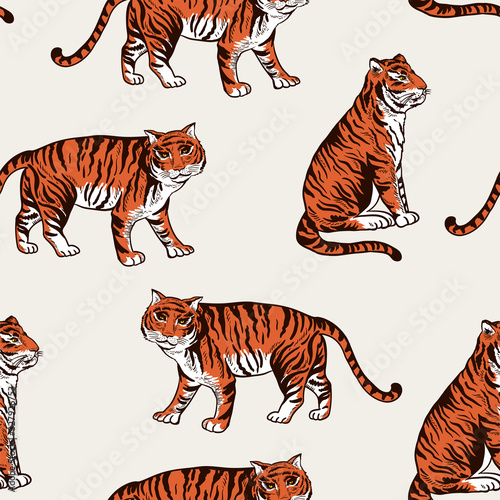 Vintage summer vector tiger seamless pattern