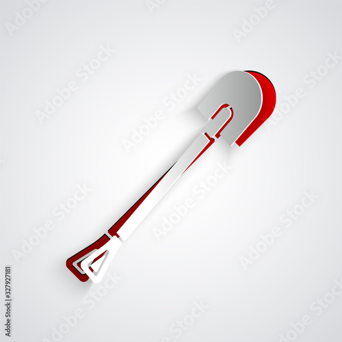 Paper cut Fire shovel icon isolated on grey background. Fire protection equipment. Equipment for firefighter. Paper art style. Vector Illustration