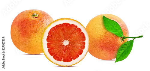 Fresh grapefruit with leaves isolated on white background with clipping path