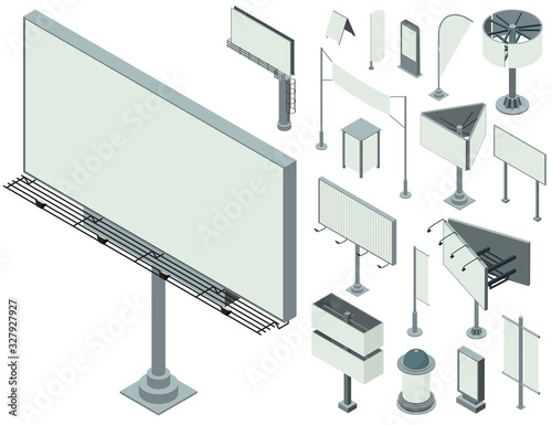 Outdoor advertising icons set. Isometric set of outdoor advertising vector icons for web design isolated on white background