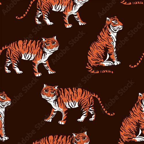 Vintage summer vector tiger seamless pattern