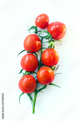 Red tomatoes on a branch on a white background. Vegetables Sodor Nutrition. Close-up photo