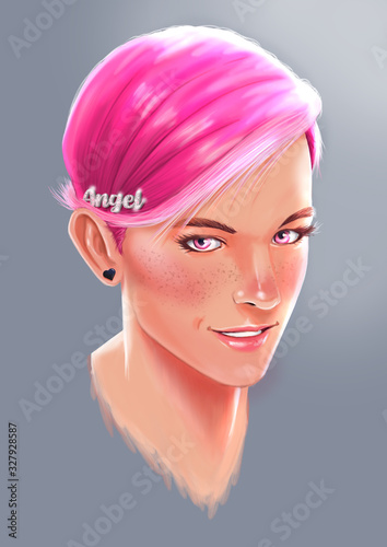 Portrait of girl with short pink hair
