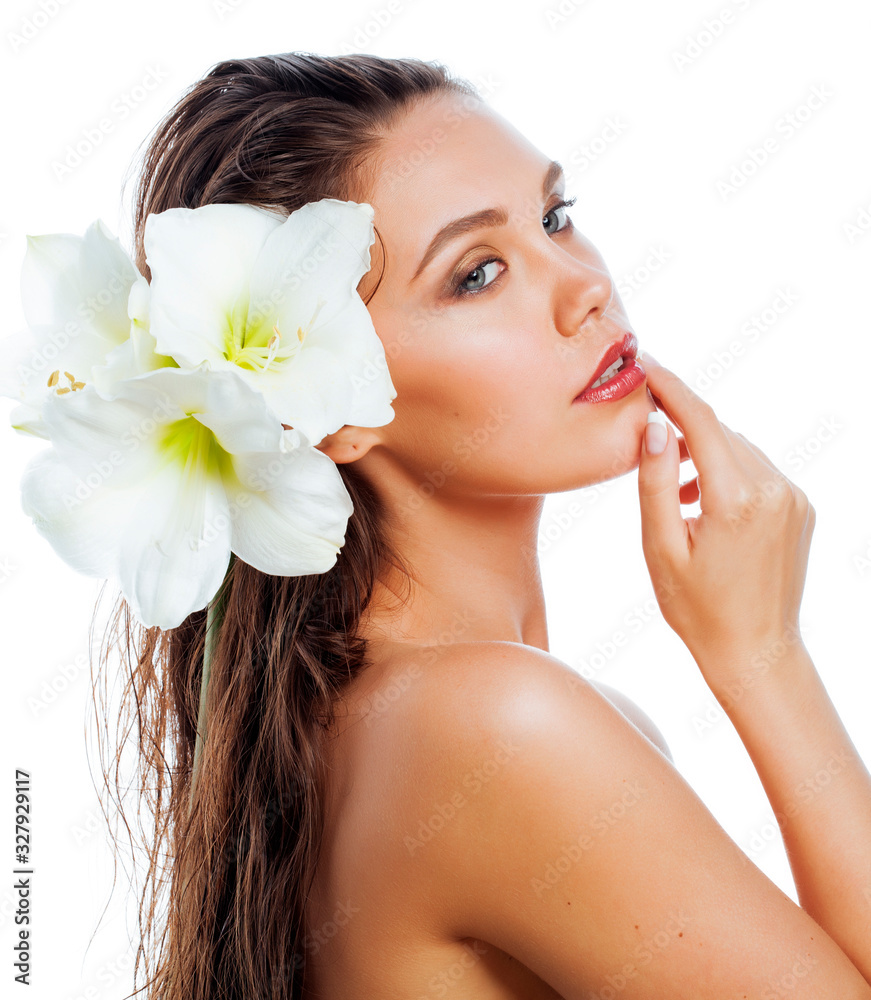 young pretty woman with Amarilis flower close up isolated on white young pretty woman with Amarilis flower close up isolated on white