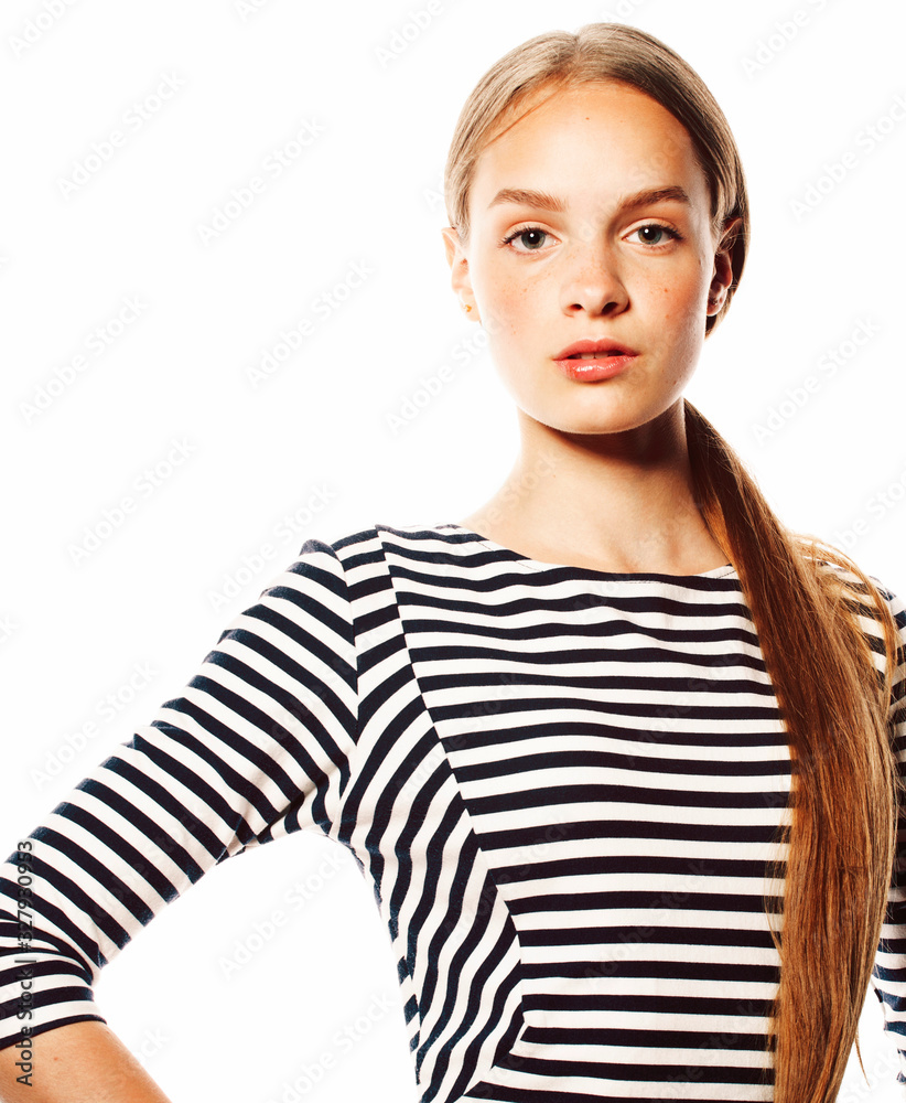 young pretty woman in elegant strip dress isolated on white young pretty woman in elegant strip dress isolated on white