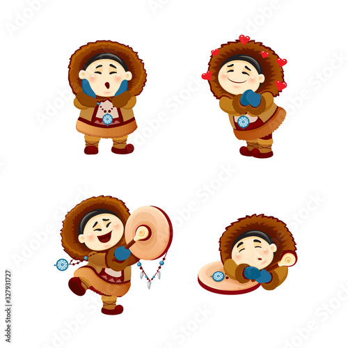 vector cartoon illustration of funny Eskimo shaman illustration of the northern people asian shaman with a tambourine and amulets dancing a magical dance caster and magician. Chukchi, Indian inuit eps