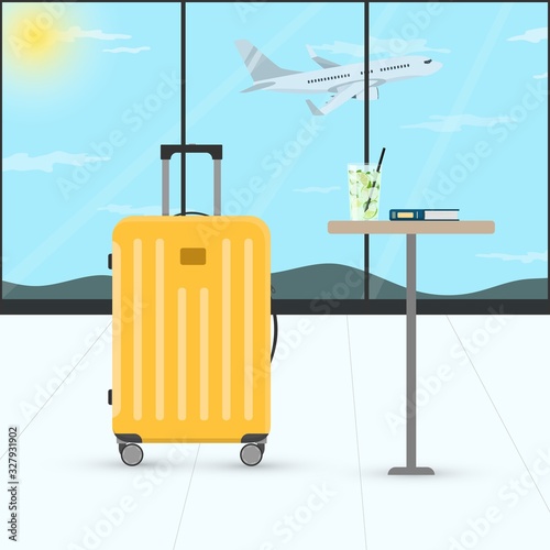 Vector cartoon illustration of airport terminal waiting hall with suitcases, table, Mojito cocktail, book, airplane. Big windows in airports waiting room, travel concept. Passenger Jet taking off.
