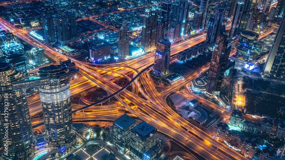 Dubai, United Arab Emirates - February 19, 2020 :  Aerial View Of Skyscraper Building At Night  - obrazy, fototapety, plakaty 