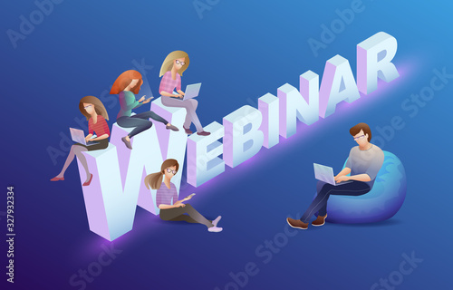Webinar and online training concept. People with digital gadgets. Vector.
